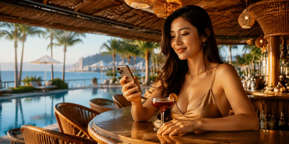 Người phụ nữ đội nón lá tại Nha Trang chơi slot game trên điện thoại iOS bên bờ biển